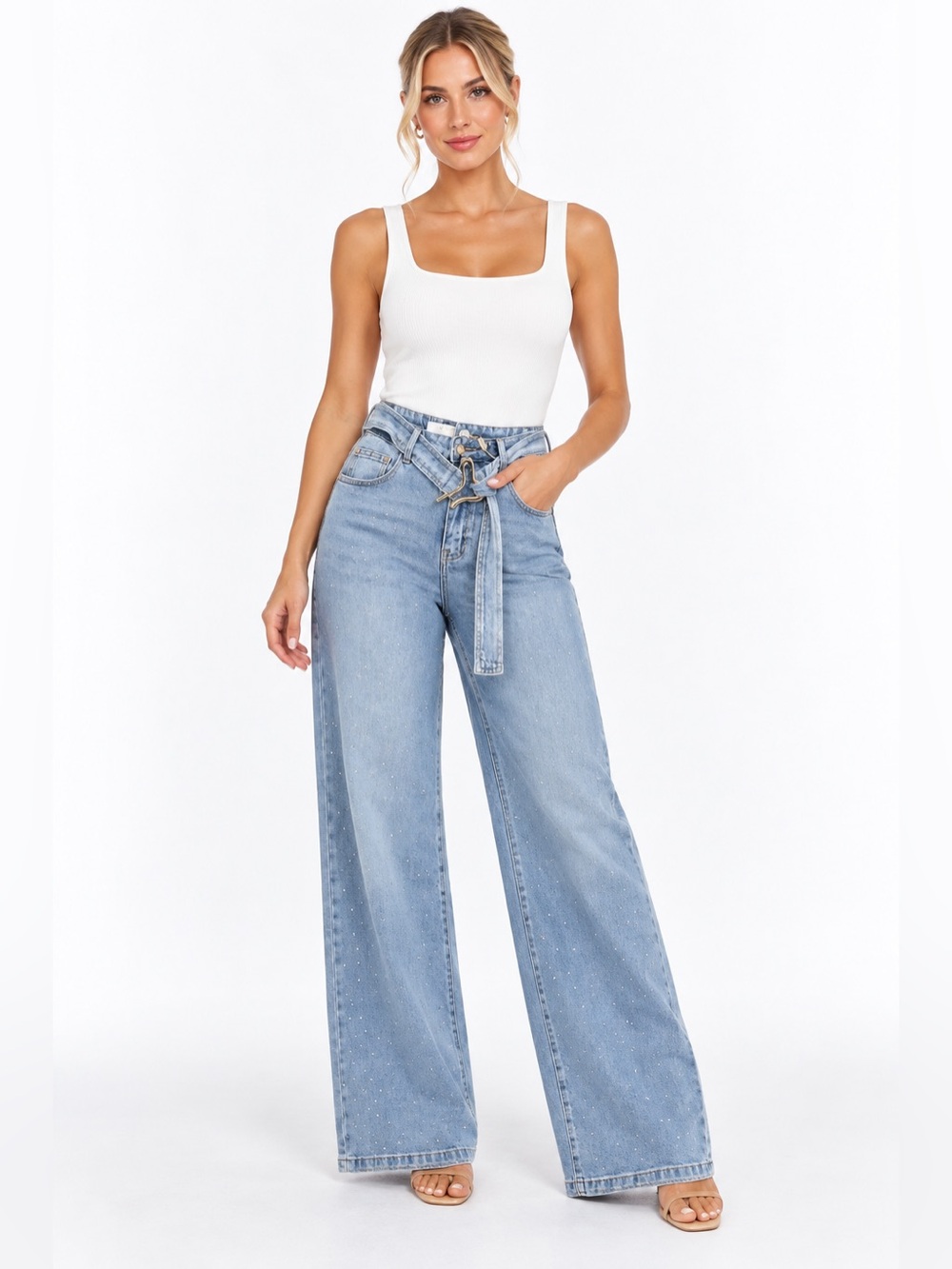 High-Rise Light Blue Wide Leg Subtle Rhinestone Jeans with Tie Belt